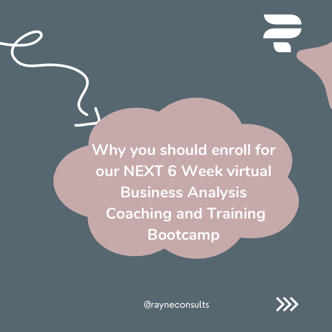 RayneConsults's tweet photo. Our 6 week Business Analysis Virtual Bootcamp happens to be one of our most sought after trainings.
Here are a few reasons why that is so. βοΈ
We would love to have you on our next cohort!
Tag someone who might need this!
#consulting #BaCoach #BATrainer #CareerCoach https://t.co/cmLIml8lGW