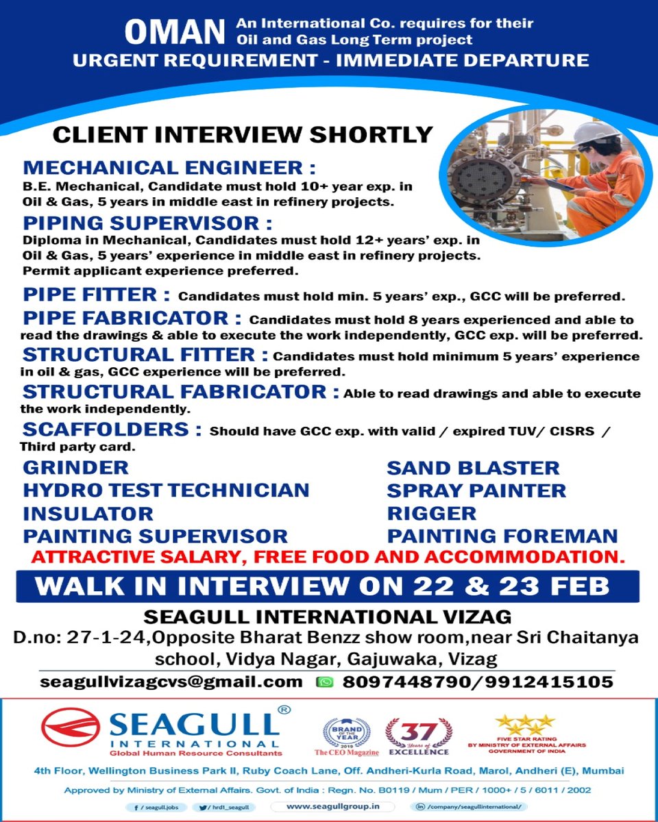 hrd1_seagull's tweet photo. OMAN Jobs.
.
.
.
#gulfjobs #omanjobs #mechanicalengineer #piping #supervisor #rigging #foreman #electricalsupervisor #pipefitter #pipefabrication #fabricator #grinder #sandblasting #hydrotest #technician #insulator #painting #supervisor #spraypainting #rigger #painting #foreman https://t.co/XWjol44dGN