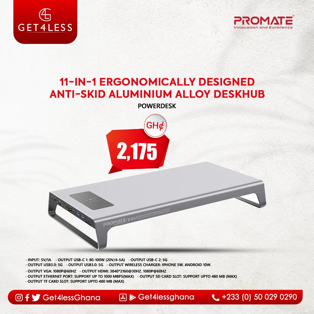 Get4lessGhana's tweet image. Caption: 
Your Dream Desk Hub! 
The 11 different sockets allow you to connect all your devices and cables easily and at once! 
Order online yours now and enjoy the free delivery service. 

#Get4LessGhana #Promate #technology #laptop #electronics #desk #accessories