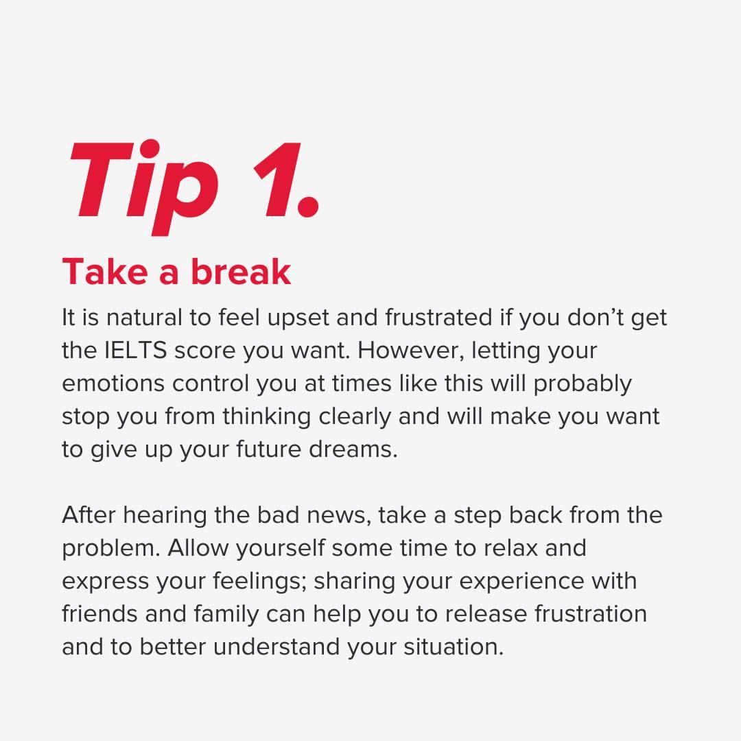 IELTSCalgary's tweet photo. If you're looking to resit your IELTS test after not achieving your desired score, we have five tips to help you focus your mind and get back on track.

Take a break!

Once you feel you're ready to try the test again, you can book at the link in our bio.
https://t.co/c4ORKco6xm https://t.co/R8tlmvILkL