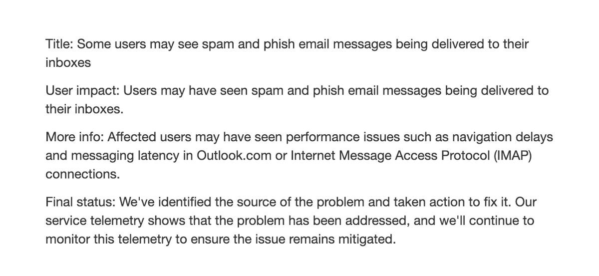 BleepinComputer's tweet photo. Microsoft says the Outlook email filter issue behind yesterday's flood of spam and phishing emails reaching users' inboxes has now been addressed. https://t.co/Bxsi58tQ3B