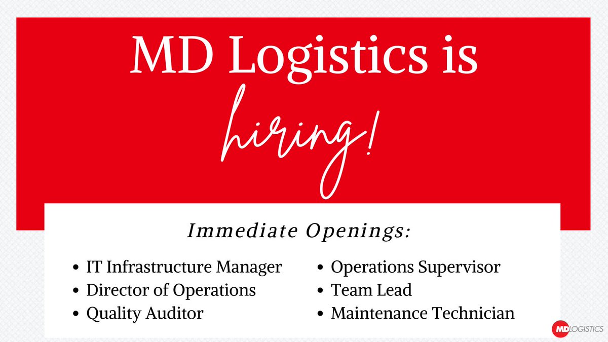 We are hiring a Maintenance Technician!
Check out the posting and apply, here: 
mdlogistics.com/join-our-team-…
#logisticsjobs #theMDexperience #maintenancetechnician #operations #plainfieldindiana