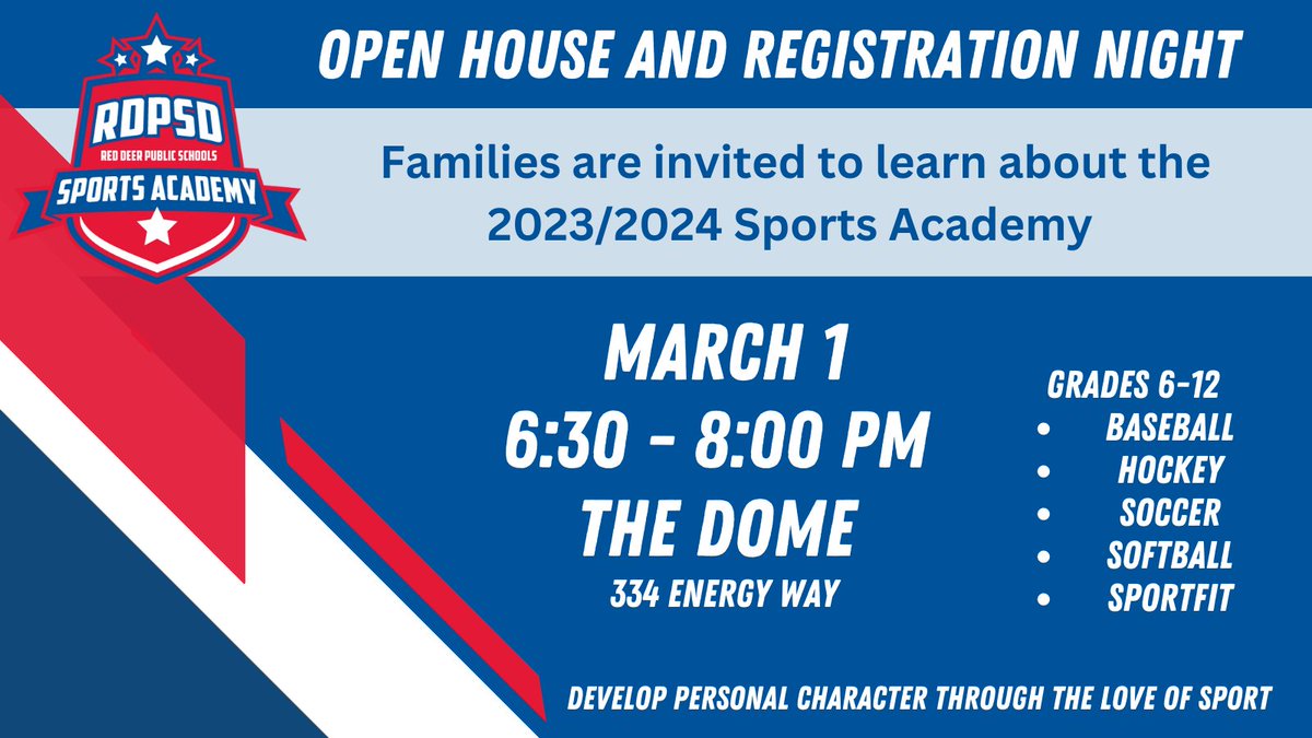 Join us at our Sports Academy open house and registration night <a href="/TheDomeRedDeer/">The Dome</a> March 1 from 6:30-8 p.m. This is the first opportunity for families to come learn about the programs and to register for the upcoming school year. 

To learn more, visit buff.ly/3vN9fKp.