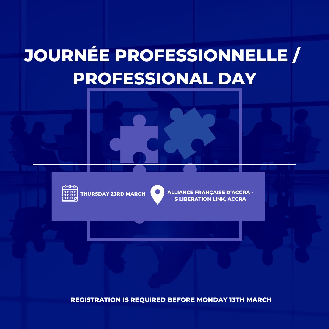 CampusFranceGH's tweet photo. The Professional Day on Thursday 23rd March, organized by the France Ghana Chamber of Commerce and Industry in collaboration with the French Embassy and five French companies, will take place in the frame of the Francophonie Week in Accra from 18th to 25th March 2023.
1/4 https://t.co/KGpfwgP69j