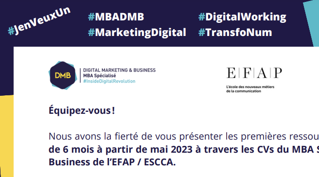 VincentMontet's tweet photo. #JenVeuxUn #Stage #marketingdigital #transfoNum #MBADMB #EFAP Il n'y en aura pas pour tous le monde ! #49CVs disponibles pour un stage à partir de mi-avril/mai 2023 !  Découvrez le book des CV des étudiant.e.s @MBADMB @EFAP_ @HUBInstitute @ESSCA_Ecole #GoGoGo  lien ci-dessous https://t.co/sFxQgyZOjX