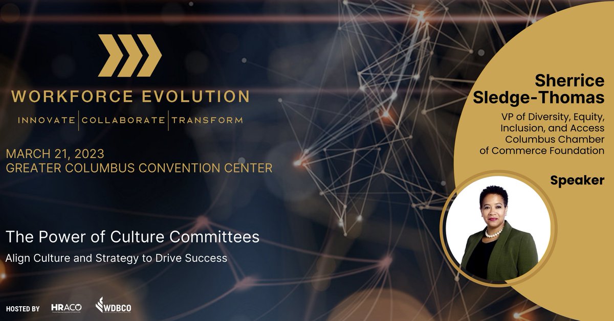 Building on decades of experience, Sherrice Sledge-Thomas, VP of DEIA at the <a href="/ColumbusChamber/">Columbus Chamber</a>, will share the power of culture committees at Workforce Evolution on 3/21. 

👉Tickets - wdbco.org/projects-speci…  

Workforce Evolution is hosted by @OfficialHRACO &amp; <a href="/WDBCentralOhio/">WDBCentralOhio</a>