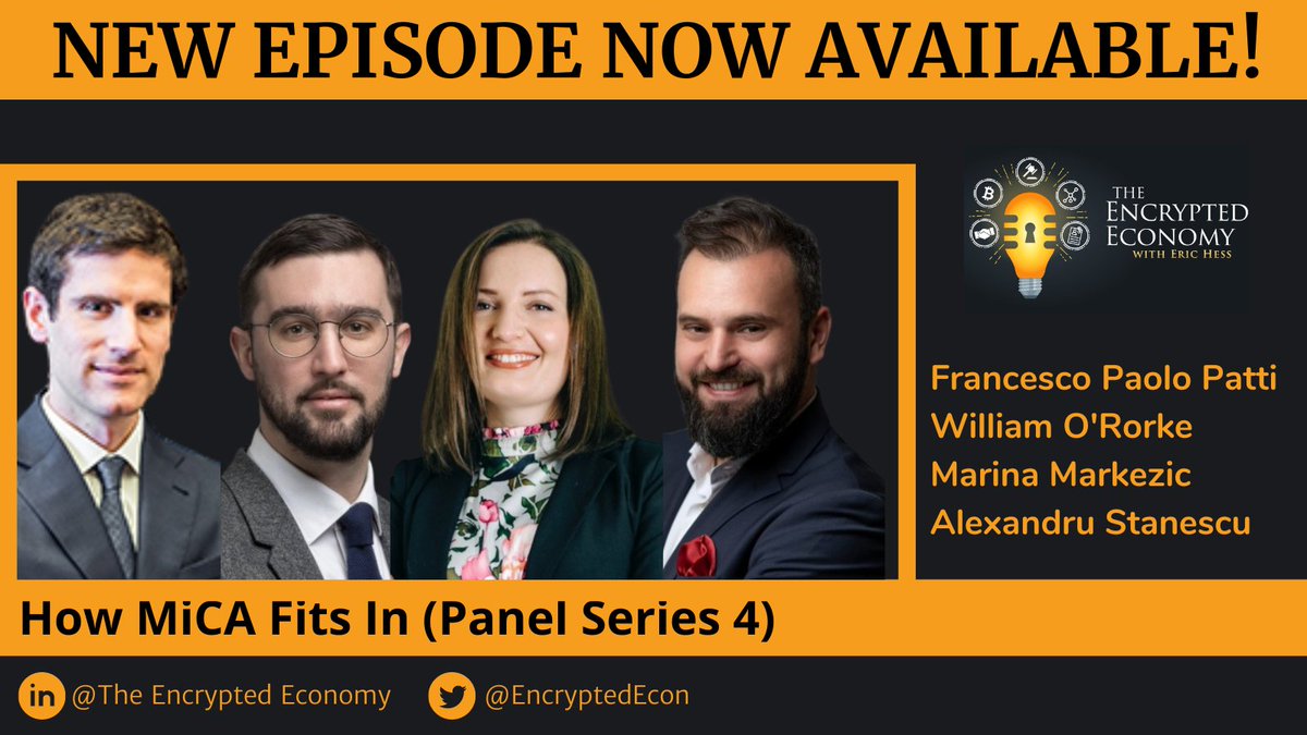 NEW EPISODE NOW AVAILABLE!

This week's special guests: Francesco Paolo Patti, <a href="/williamororke/">William O'Rorke</a>, <a href="/MarinaMarkezic/">Marina Markezic</a>, &amp; Alexandru Stanescu join us to discuss...

HOW MICA FITS IN (PANEL SERIES 4)

Tune in on your favorite #podcast app!

lnkd.in/eFkpZQgB

#EUCrypto #DigitalAssets