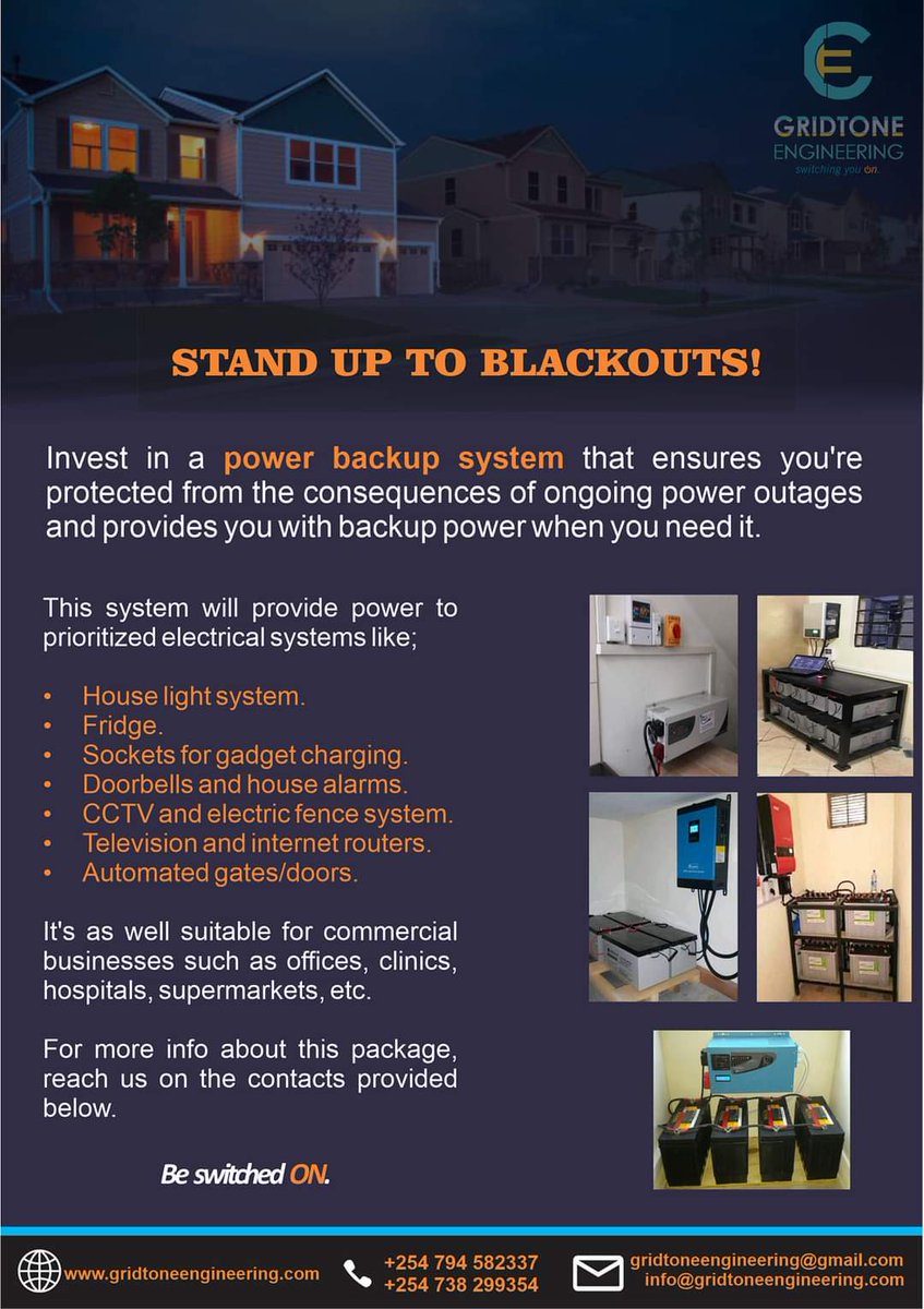 ElectricGuyKE's tweet photo. Are you a victim of frequent power blackouts? Worry no more. We've got an effective solution.
Interact through the avenues provided for more info.
🤙,✉️ 0794 582337
#powerbackups #Solarsystem #Home_solutions #Office_solutions https://t.co/HlY6Ut0Nvd