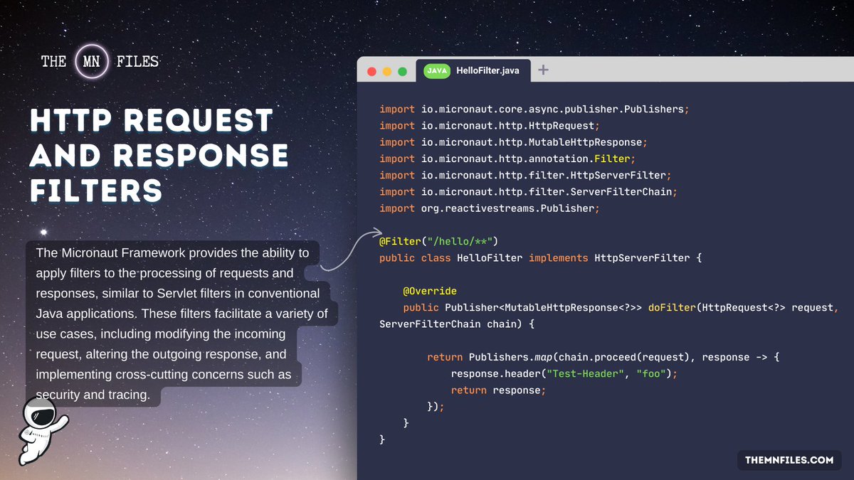 💡The <a href="/micronautfw/">The Micronaut Framework</a>  provides the ability to apply filters to the processing of requests and responses, similar to Servlet filters in conventional #Java applications. 

👉 docs.micronaut.io/latest/guide/i…

#themnfiles #micronautfw #programming #learning #coding #javaprogramming