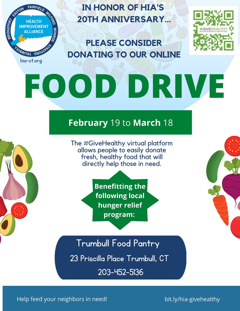 TrumbullHealth's tweet photo. Please support the Trumbull Food Pantry by donating to this virtual event!  https://t.co/cw5nYz2gxI
#trumbullhealthdepartment #THD #HIA #FoodPantry #HungerRelief https://t.co/H3MviWGrmY