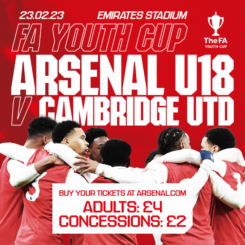 ArsenalAcademy's tweet photo. 📣 Come and support #AFCU18 this Thursday in our FA Youth Cup quarter final!

🏟 See you at Emirates Stadium, Gooners

🎟 Tickets available now 👇