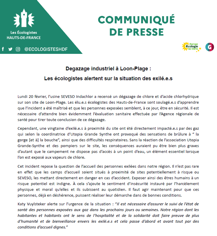 EcologistesHDF's tweet photo. Une 20aine d’exilé.e.s près de l'usine #Indachlor ont été directement impacté.e.s par des vapeur de chlore ce lundi 😷
Exposer ainsi des personnes à un risque potentiel est indigne. Notre région doit faire preuve de plus d’humanité envers les exilé.e.s 🤝
Le communiqué 👇 https://t.co/fzpJsPbkNY