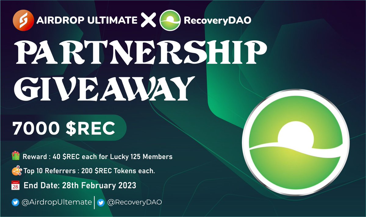 New Giveaway: <a href="/RecoveryDAO/">RecoveryDAO</a> X <a href="/AirdropUltemate/">Airdrop Ultimate</a> 
Reward: 7000 $REC
Distribution: Within 7 days of end

🔗Giveaway Link: t.me/RecoveryDAOGiv…

-Complete all tasks of the giveaway
-Submit your BSC wallet address
-For 125 Random Lucky peoples
-Done

#Airdrop #BSC $REC #RecoveryDAO