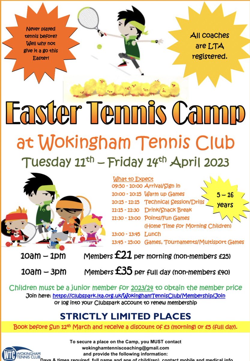WokinghamTC's tweet photo. Easter tennis camp now available to book 🎾🐣🎾🐣🎾 #TennisCamp #Easter #Coaching #Fun #Berkshire #Reading #Earley #Wokingham #Sindlesham #Woodley #LowerEarley #Arborfield #Eversley #Bracknell https://t.co/9dudML9BGM