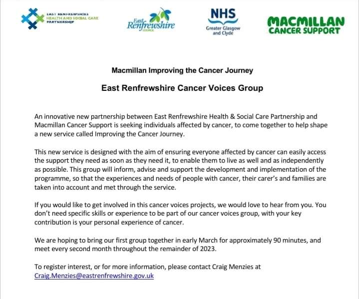 ERCCentre's tweet photo. An innovative new partnership between @erhscp and  @macmillancancer is seeking individuals affected by cancer, to come together to help shape a new service called Improving the Cancer Journey. 

For more info, contact: Craig.Menzies@eastrenfrewshire.gov.uk https://t.co/Haz1BWyTdw
