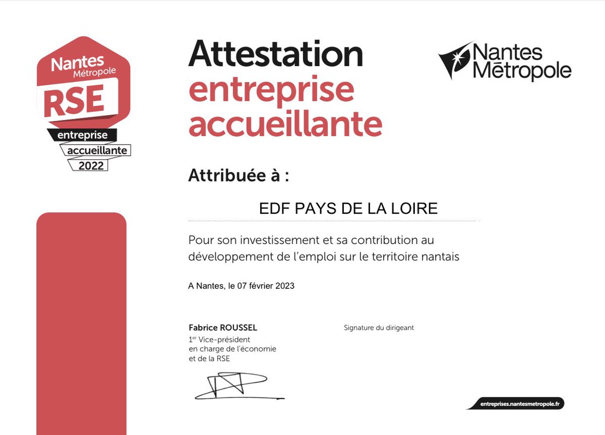 EDF_PdL's tweet photo. Au titre de l’année 2022, la plateforme @RSEnantes décerne à @EDF_PdL l’attestation d’ « entreprise accueillante » pour valoriser ses actions en faveur de l’accès à l’emploi pour tous, la #diversité, et l’#égalité des chances https://t.co/P1VSlKSWSy