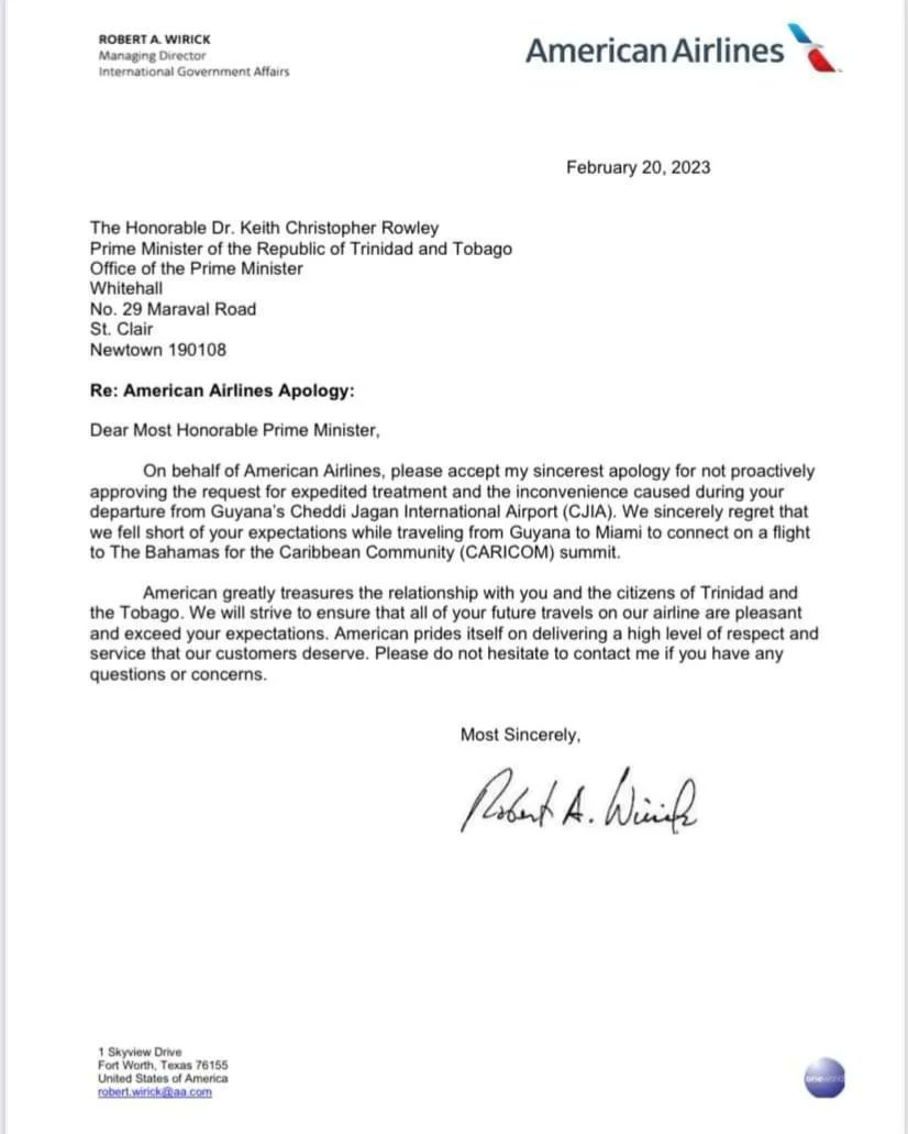 tttliveonline's tweet photo. ❗️MEDIA RELEASE❗️

American Airlines extends apology to Prime Minister Dr. Rowley https://t.co/dU2ZchfG12