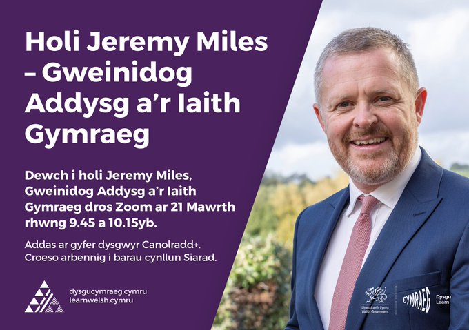 IeuenctidCymru's tweet photo. Do you know a young person who’s learning Welsh and would like to take part in a Q&amp;A session with @Addysg_Cymraeg? 

📌 On Zoom;  21.3.23
⏲️ 9.45-10.15am

Register here 👉🏾 https://t.co/iXgaqMDPD2 https://t.co/bCmxxJ20zM