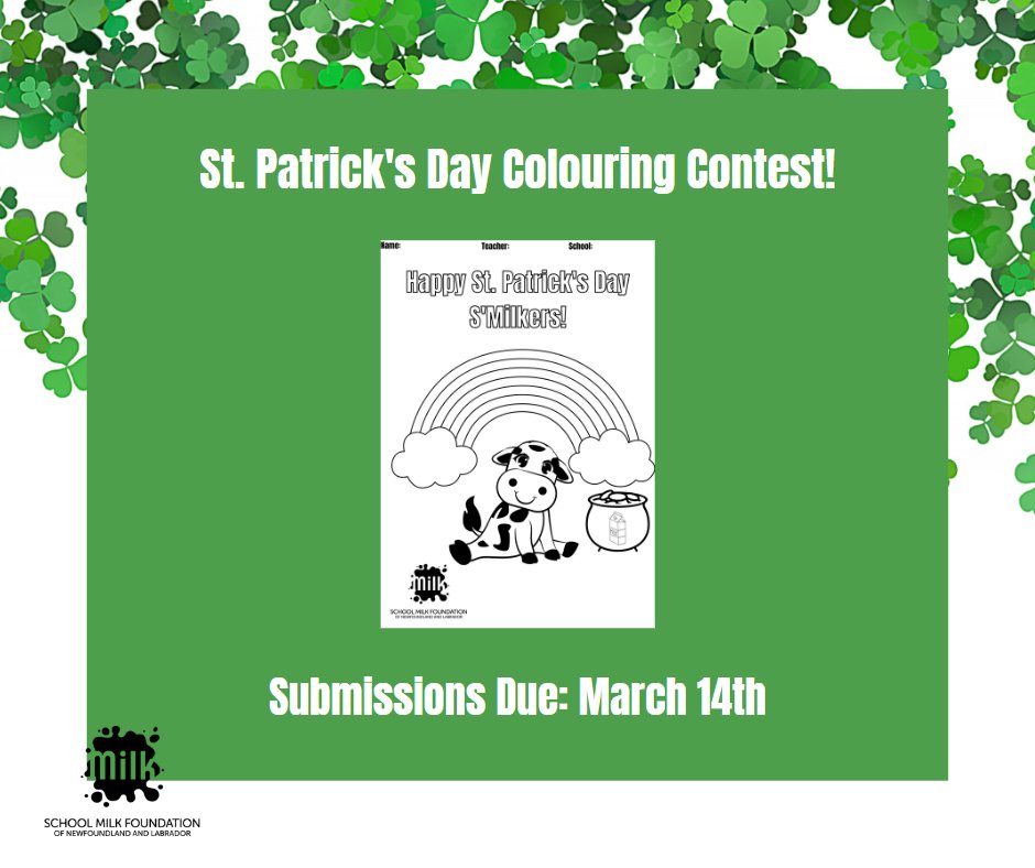 schoolmilknl's tweet photo. We're running another K-6 colouring contest! Teachers can enter by having each student colour the sheet. Take a picture of the class' artwork &amp; email to contestsmf@gmail.com. Prize is milk for the class &amp; School Milk swag! Ends Mar 14. Rules &amp; Sheets  at https://t.co/pTcR7HKLPI https://t.co/r9ySRFcfo8
