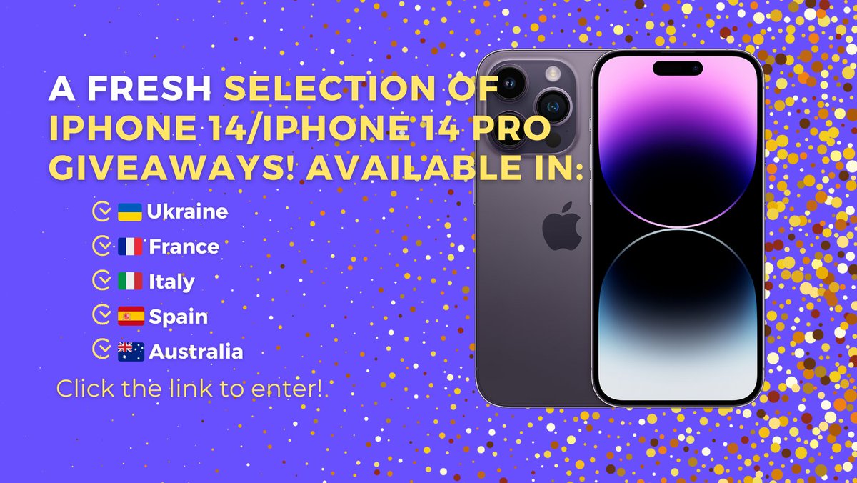 YourLuckyTicket's tweet photo. 🎉🚨 Exciting news! 📱🎁 Our new selection of iPhone 14/iPhone 14 Pro giveaways is live!
Available in:
🇺🇦 Ukraine
🇫🇷 France
🇮🇹 Italy
🇪🇸 Spain
🇦🇺 Australia
🎉 click 👉https://t.co/B7bCGkDab6👈choose your country 🌍🌎  to enter! 🚨 
#iPhone14 #iPhone14Pro #giveaway https://t.co/KuMgbt6kI3