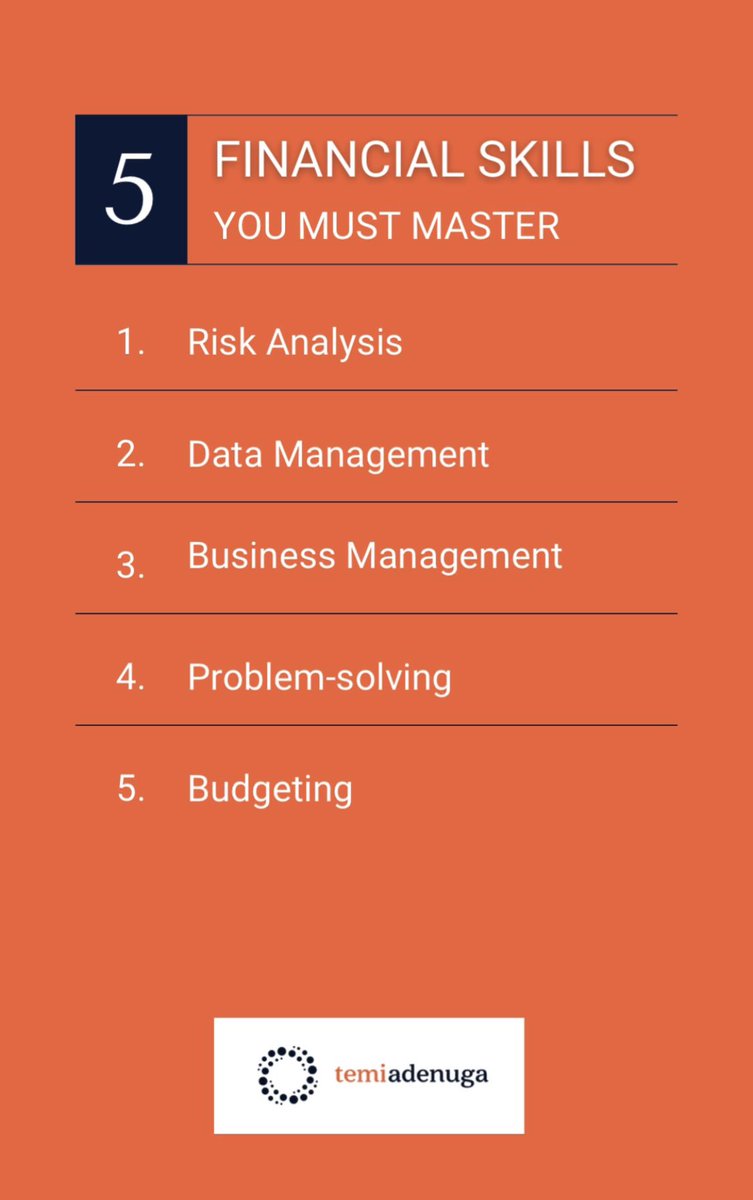 Succeeding in any field requires that you possess some financial skills to properly handle the operations in that field.

- Risk Analysis - Data mgt 
- Business mgt - Problem solving 
- Budgeting 

#finance #financetwitter #business #financetips #financecoach #financestrategy