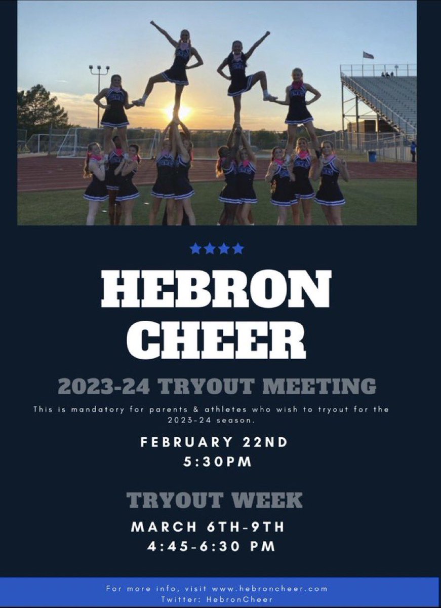 If you are interested in trying out for Hebron Cheer this year, make sure to attend our mandatory informational meeting this Wednesday, February 22, 2023 at 5:30 in HHS cafeteria!! Parent and athlete must attend.