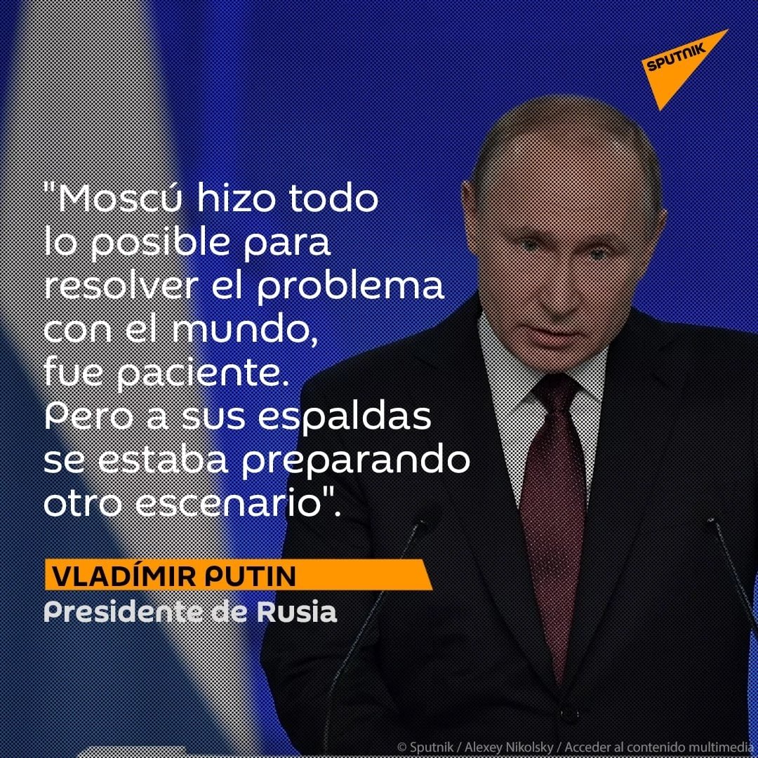 El presidente ruso comenta la actual situación en Ucrania y el apoyo de Occidente al régimen de kiev: 

🔸 "Una cosa debe quedar clara para todos: cuantos más sistemas de largo alcance lleguen a Ucrania, más nos veremos obligados a alejar la amenaza de nuestras fronteras".