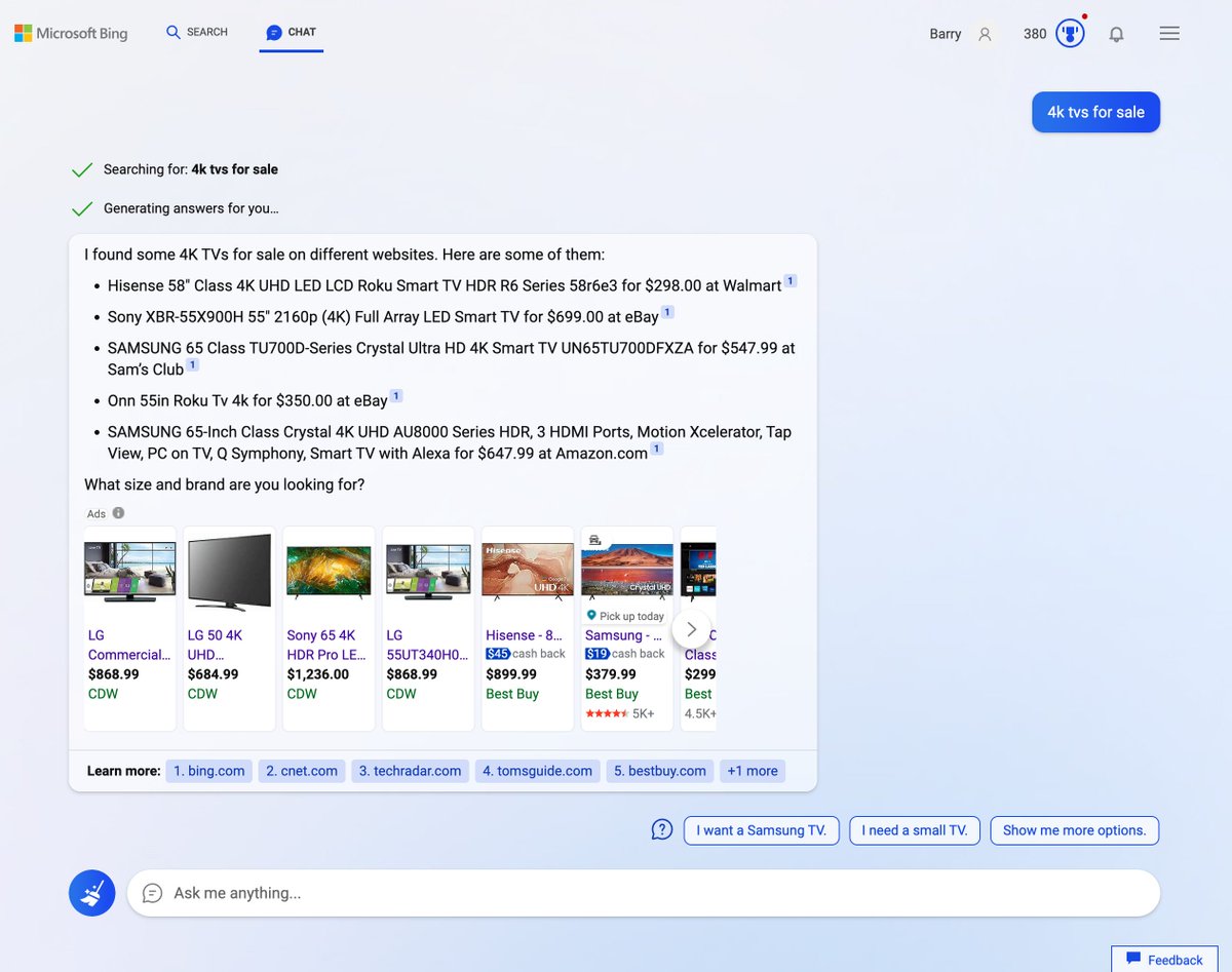 Example of an ad appearing in Bing Chat interface