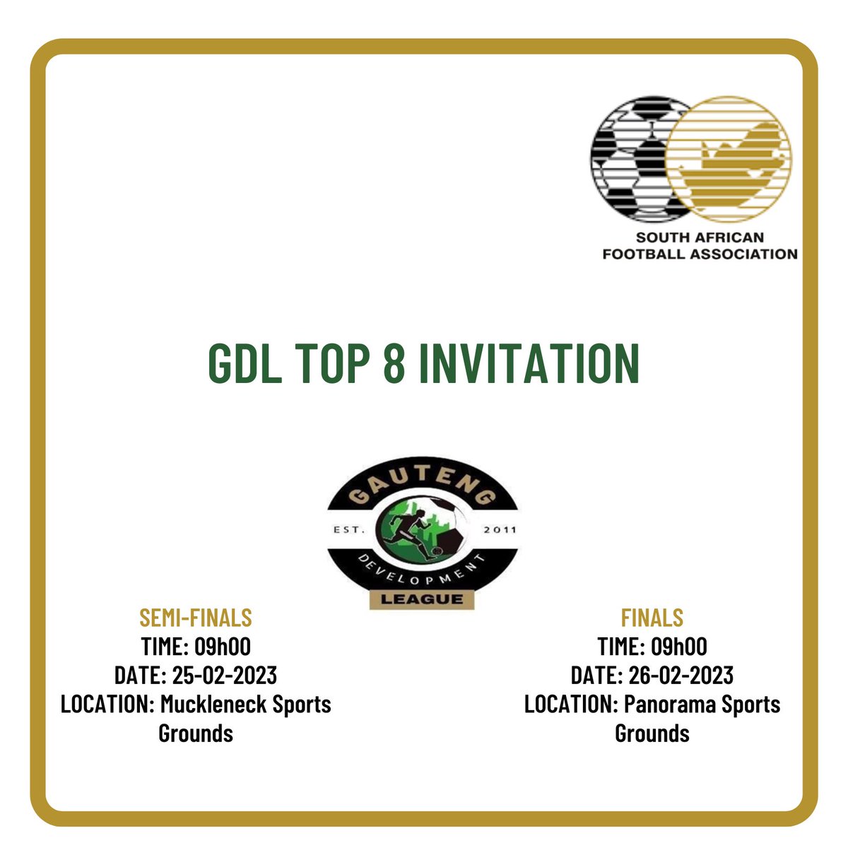 SafaGauteng's tweet photo. After a successful season, the end is near. Join us at Muckleneck Sports Grounds on the 25th of February as we will witness who will be going to the GDL finals on the 26th of February at Panorama Sports Grounds. #Ziyakhala  🏆 
#GDL 
#HomeOfChampions
#safagauteng
#IdiskiWayaWaya https://t.co/zpioxDmibd