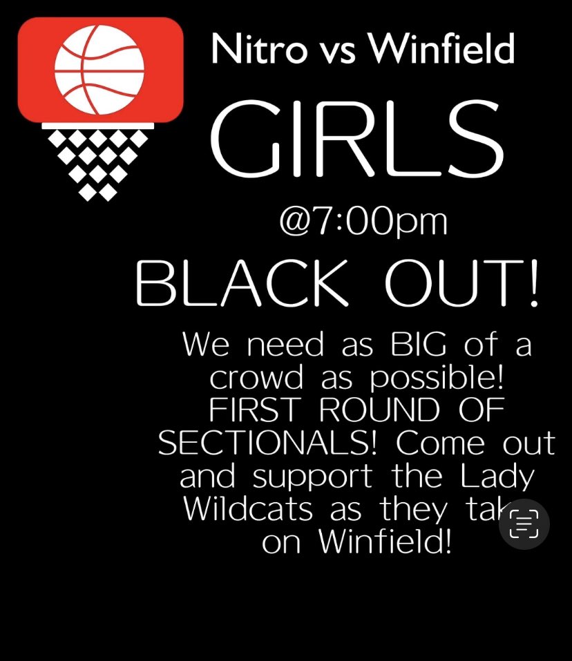 girls_nitro's tweet photo. 🏀⛹️‍♀️Lady Wildcats host the Winfield Generals in Alumni Arena tip at 7! Winner advances loser goes home! Come out and let's pack the gym and cheer the Lady Wildcats to a victory! ⛹️‍♀️🏀 #wvgirlsbb #newnitro https://t.co/QzfFB4vyne