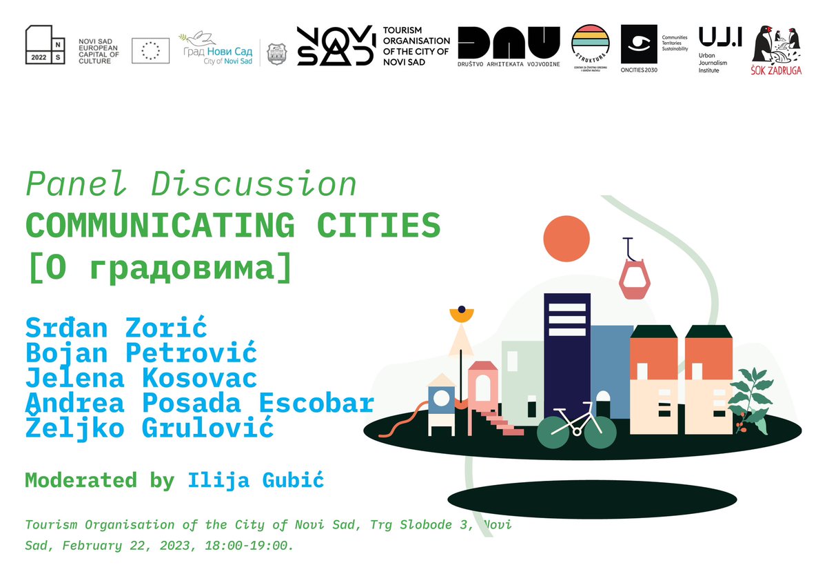 Dobar dan #NoviSad, 22. feb. organizujemo panelnu diskusiju o tome kako vidimo gradove. “Communicating Cities” uz podršku <a href="/novisad2022/">Novi Sad 2022</a> <a href="/visitns/">Lachlan Hemmings</a> <a href="/sokzadruga/">Šok ZaDruga</a> &amp; Društva arhitekata Vojvodine i partnera iz inostranstva. Očekujemo vas u 18:00.