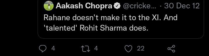 So my friend Aakash Chopra after making a vile video on YouTube this morning where he calls me an agenda peddle,  conveniently and cleverly misquotes me, removes Mayank’s average of 70 at home, wants to gag views which are not in line with what he believes but wanted Rohit out