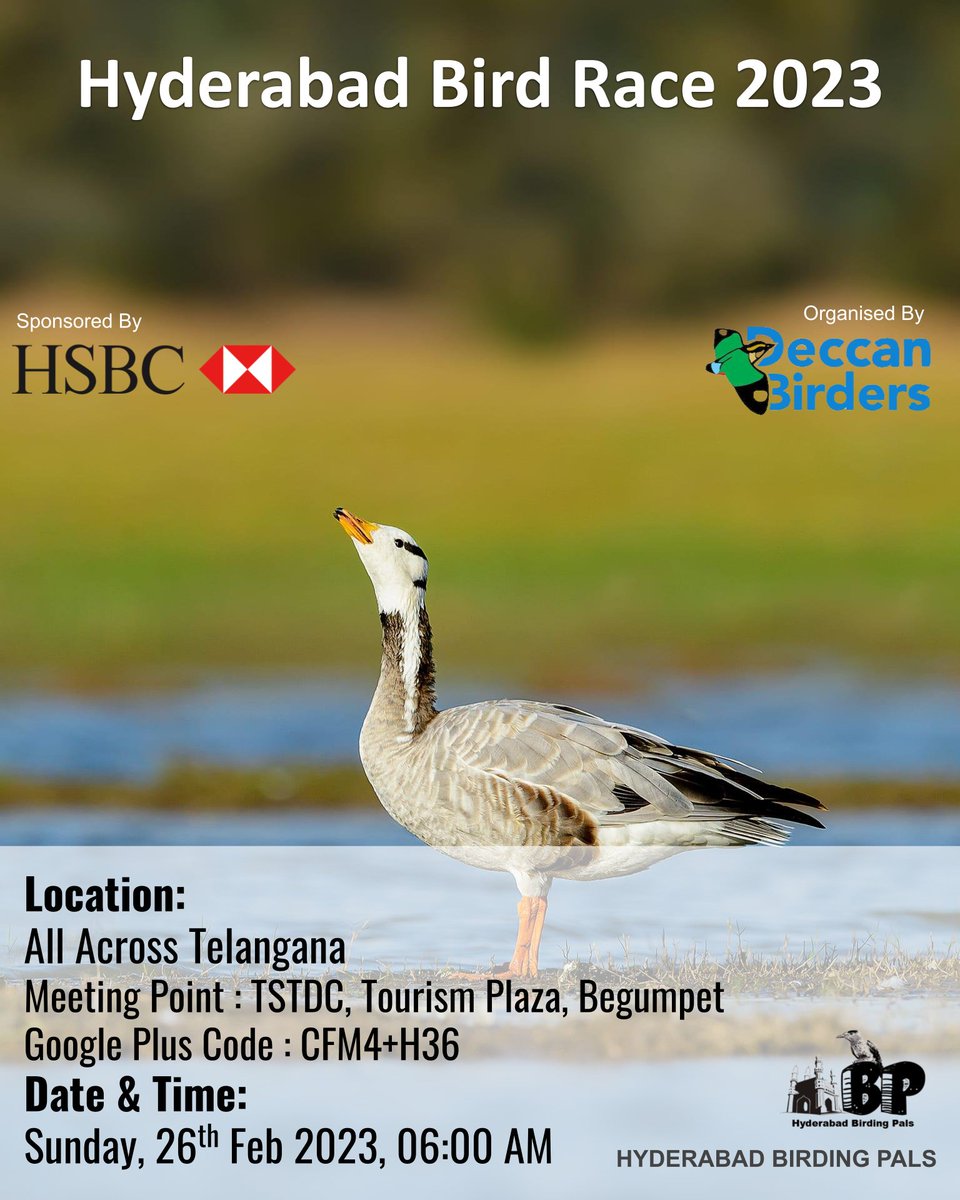 hydbirdingpals's tweet photo. Hyderabad Bird Race 2023
Register at https://t.co/lfC83Tosa8 before 26th Feb  2023
#Birdrace2023
#HSBCBirdRace
#HSBC
#birdrace
#telanganabirdinghotspots
#HBPBirdwalk
#sundaybirdwalks
#birding
#hyderabadbirdingpals
#birdwalks
#birdphotographers
#birdwatchers
#birdwatching https://t.co/272ABJkCVd