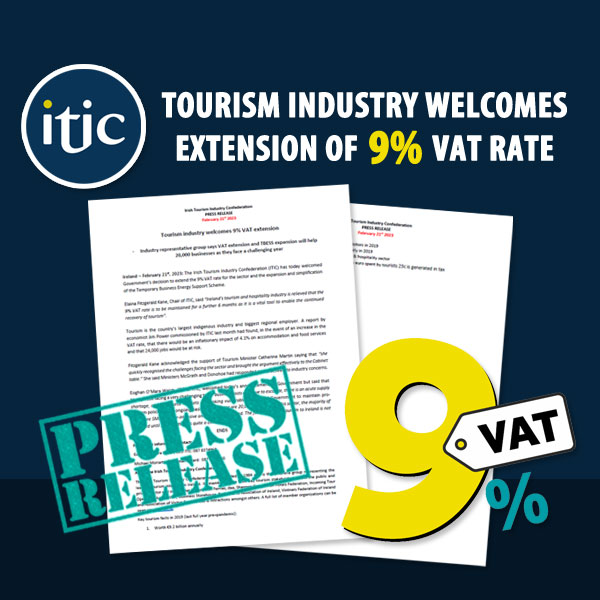 Irishtourismind's tweet photo. ITIC has today welcomed Govt's decision to extend the 9% Vat rate for the #tourism &amp; #hospitality sector and the expansion &amp; simplification of the TBESS. 
Full release here https://t.co/uV6KOfjfVa
@mmcgrathtd @Paschald @simoncoveney @cathmartingreen @LeoVaradkar @MichealMartinTD https://t.co/tQi4yMxg7F