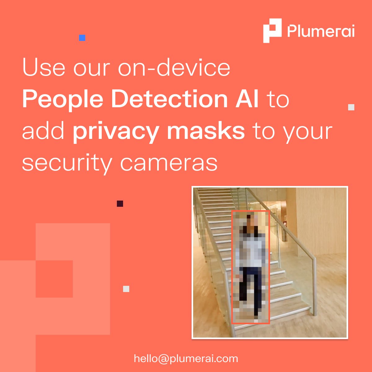 Plumerai People Detection AI enables you to mask people in your camera feed in real-time. As the AI runs on the edge, the footage leaving the camera is anonymized, helping you to comply with privacy laws such as GDPR and CCPA. 
Find out more at plumerai.com/people-detecti…