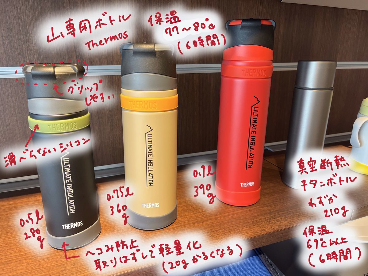 ryotamatsu2's tweet photo. “山専用ボトル”が登山者に選ばれてるワケ。

✔︎ 高すぎる保温効果
✔︎ グリップしやすいコップ
✔︎ 滑り防止シリコン
✔︎ 耐衝撃ソコカバー

etc.…

サーモスの新作を見せていただく機会があったんですけど、盛り上がったのが山専ボトルの話。

担当者さんにこだわり聞いたので、まとめた↓ https://t.co/REPYxYYGG5