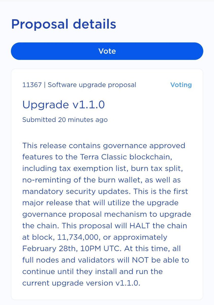 RootkitAlpha's tweet image. #LUNAClassicCommunity proposal to Upgrade to V1.1.0 it’s now available to vote! 🦾🛠️🔥

Features:
- Tax exemption list
- Burn tax split 
- No reminting of the burn wallet
- Mandatory security updates 

#LUNC #LUNACLASSIC #LuncArmy