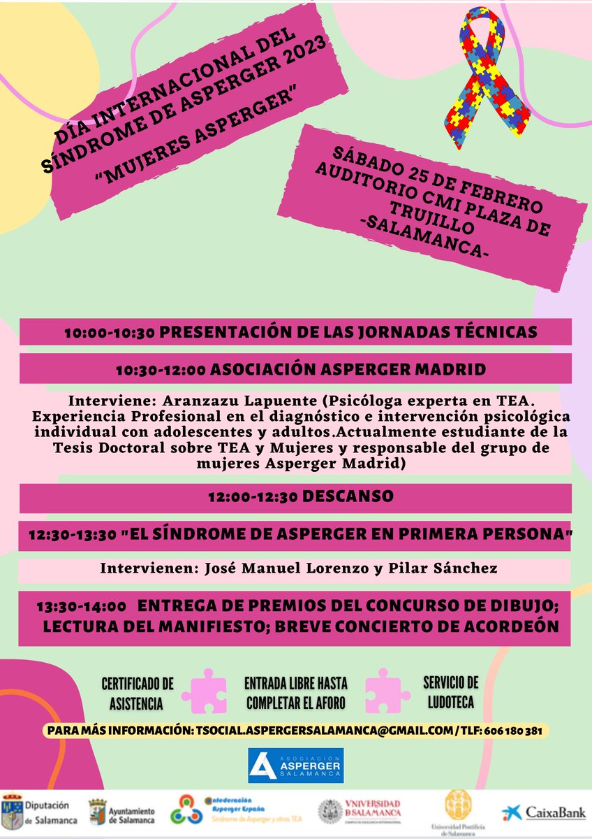 aspergersalaman's tweet photo. Un año más celebraremos nuestras jornadas técnicas sobre el Síndrome de Asperger con motivo del Día Internacional.
😊😊😊

Serán el próximo sábado 25 de febrero en el Centro Integrado Trujillo a partir de las 10:00.

La entrada será libre hasta completar el aforo. https://t.co/aiVeihv6TP