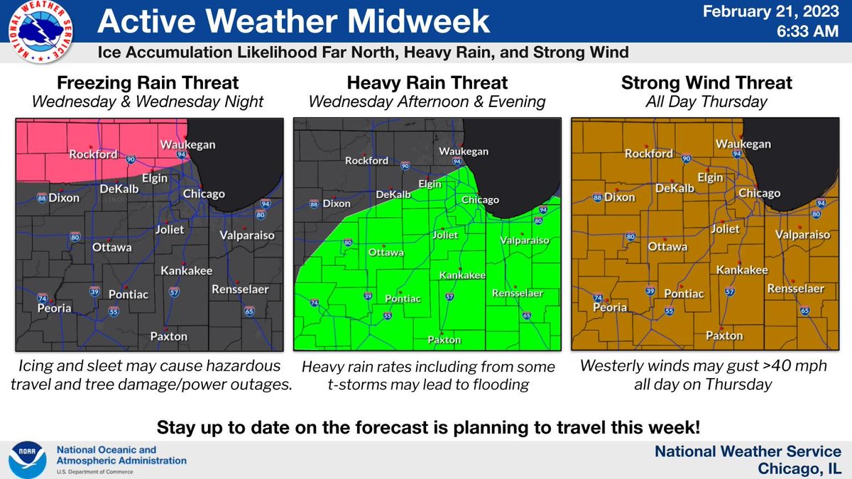 A storm system will bring the potential for hazardous weather to the region Wed &amp; Thu. A threat of freezing rain &amp; icing Wed &amp; Wed night across far N-IL. Heavy rain is possible across most of region Wed PM &amp; eve. Strong winds, likely gusting >40 mph, are expected Thu. #ILwx #INwx