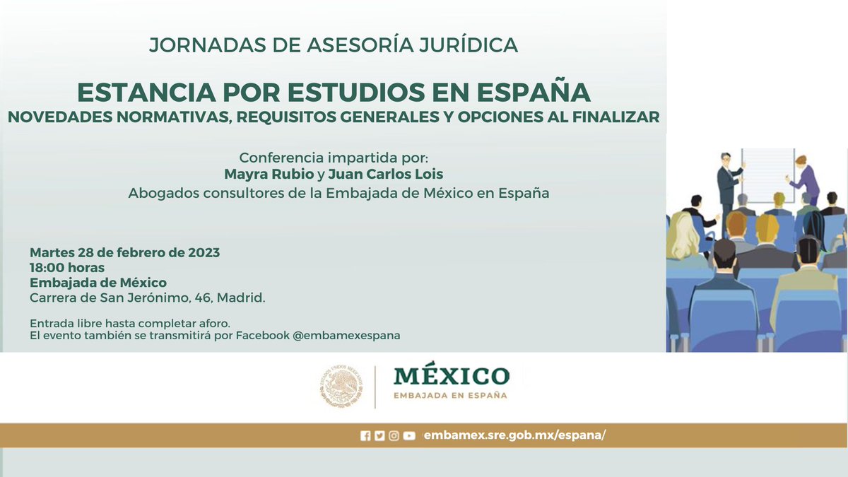 EmbaMexEsp's tweet photo. Si estudias o buscas estudiar en España, conoce más sobre normas, requisitos y opciones de incorporación laboral.

Participa en la #JornadaDeAsesoríaJurídica impartida por abogados consultores de @EmbaMexEsp. 

⏲️ Martes 28 de febrero. 18:00 hrs. https://t.co/hOMsU2bon9