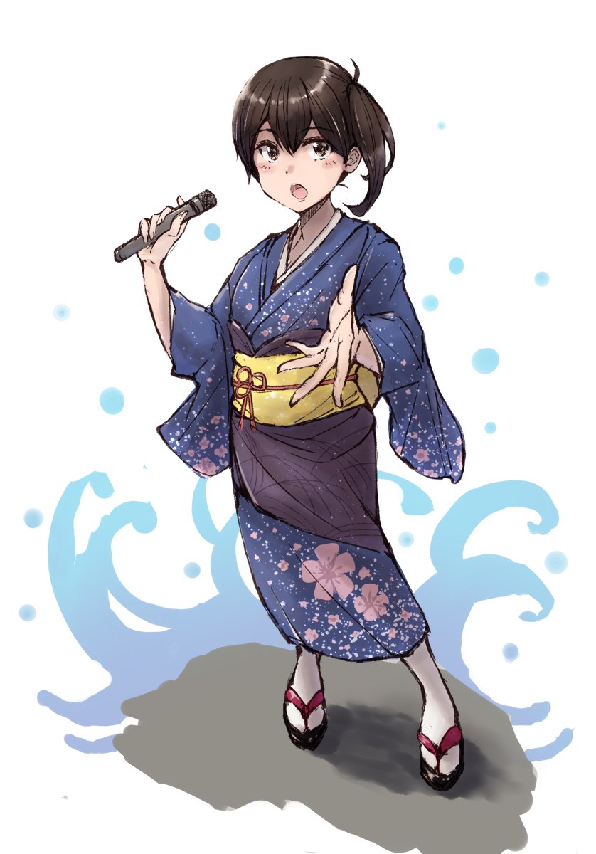 kaga (kancolle) 1girl japanese clothes solo microphone kimono side ponytail brown hair  illustration images