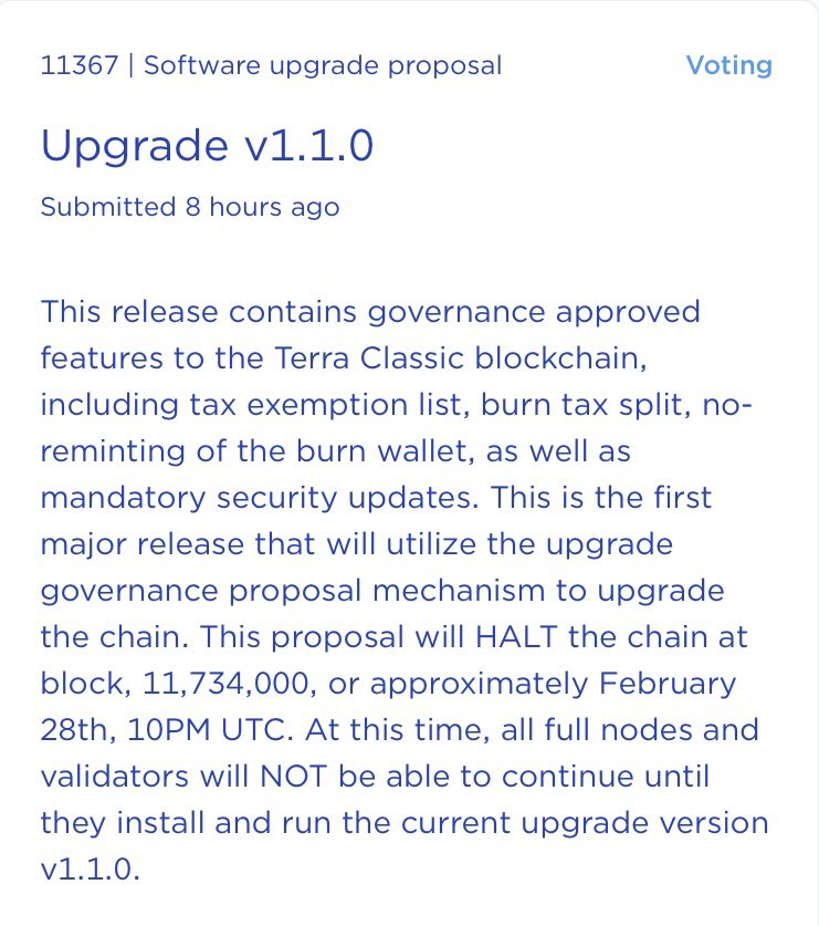 $LUNC proposal #11367 the V1.1.0 upgrade is live for voting! This is a very important upgrade which will implement all the #Binance proposals previously requested and validators will need to upgrade asap once it passes. Time to take #LUNACLASSIC to the next level. 💎🤲🏻 #Crypto