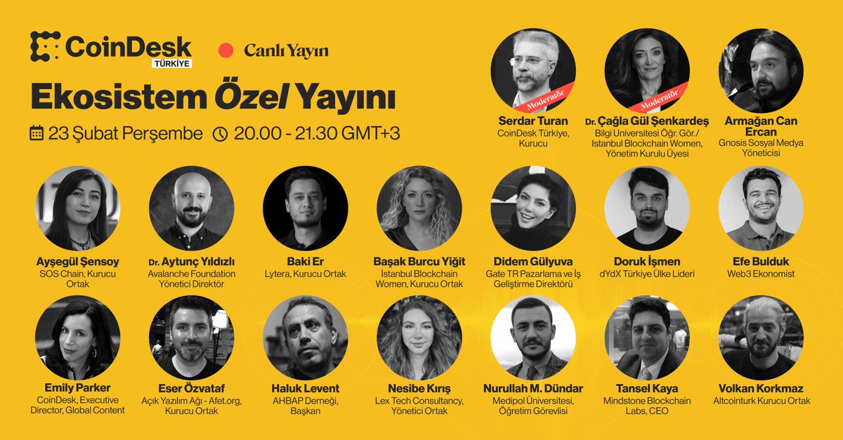 CoinDesk Türkiye Genel Yayın Yönetmeni Serdar Turan ve İstanbul Bilgi Üniversitesi Öğr. Gör. Dr. <a href="/CaglaGul_S/">Dr. Çağla Gül Şenkardeş</a> moderatörlüğünde merkeziyetsiz ekosistemin deprem sürecindeki iş birliği ve yol haritasını uzman isimlerle konuşacağız. 

youtube.com/watch?v=07fR5f…