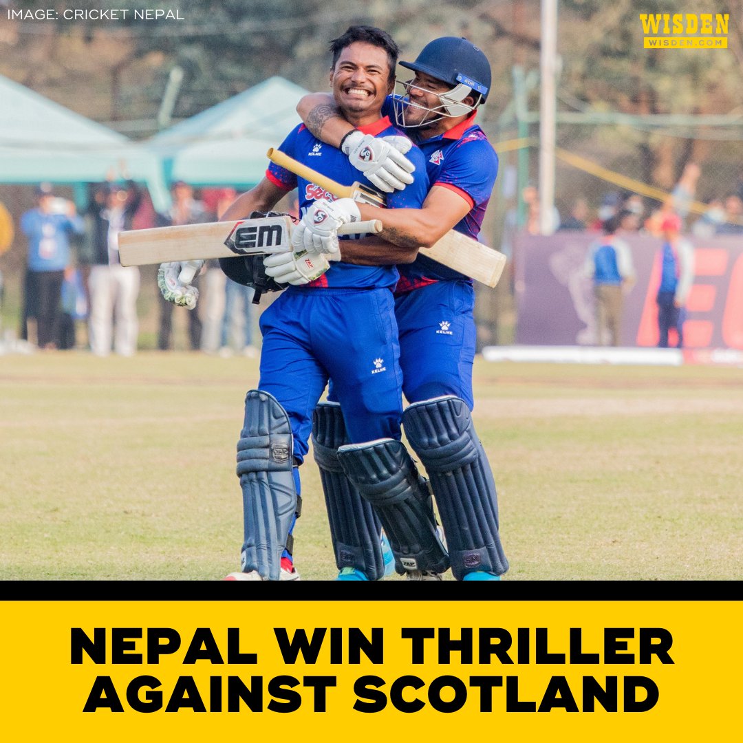 WisdenCricket's tweet photo. On Friday, Nepal recovered from 55-4 to chase 275 and beat Scotland by three wickets.

Today, they've pulled off another incredible victory, recovering from 138-8 to chase 213 and win by two wickets.

Nepal's captain Rohit Paudel was the hero, hitting an unbeaten 95* (101) 👏 https://t.co/KhulKx26qk