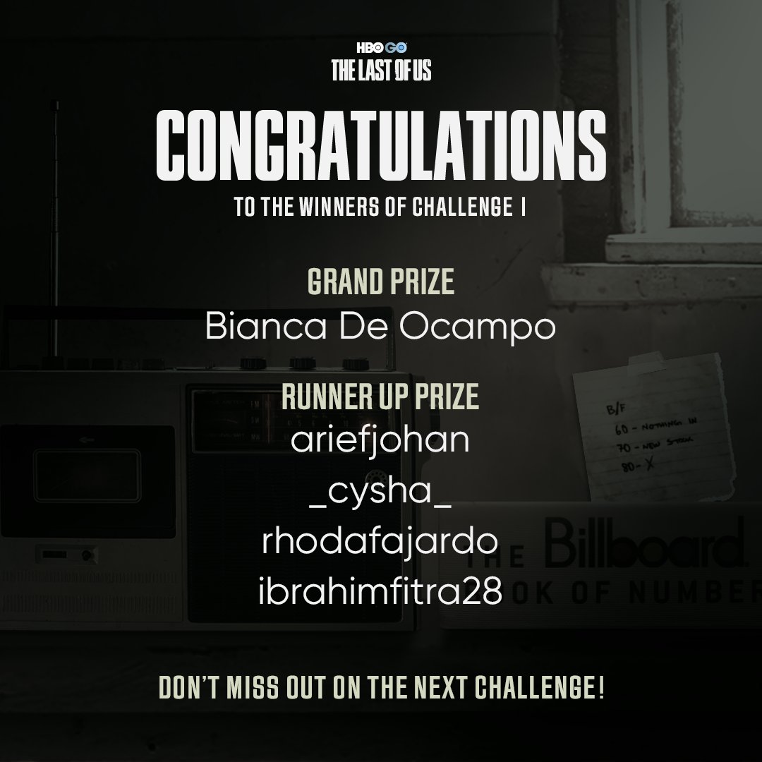 HBOAsia's tweet photo. Here’s to the winners of our first challenge! If you’re on this list, please DM us to redeem your prizes. 

To the ones still lost in the darkness, there’s still a chance. Come be part of the next challenge!

#LookForTheLightChallenge #TheLastofUs #HBOGO #PlayStation5 #Contest https://t.co/DmlwezRcNi