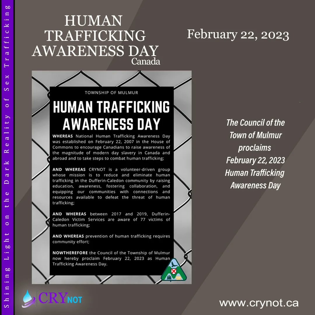 The Township of Mulmur proclaims February 22 Human Trafficking Awareness Day
Find out why.
crynot.ca
#humantrafficking #humantraffickingawareness #sextrafficking #endhumantrafficking #onlineexploitation #dufferincounty #cybersafety #orangeville