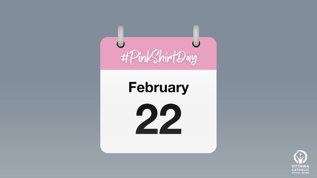 🗓️Don't forget to wear pink tomorrow, Wednesday, February 22, to show your support for bullying awareness and prevention. #ocsbPinkShirtDay #ocsbKindness. #LiftEachOtherUp #ocsbBeCommunity