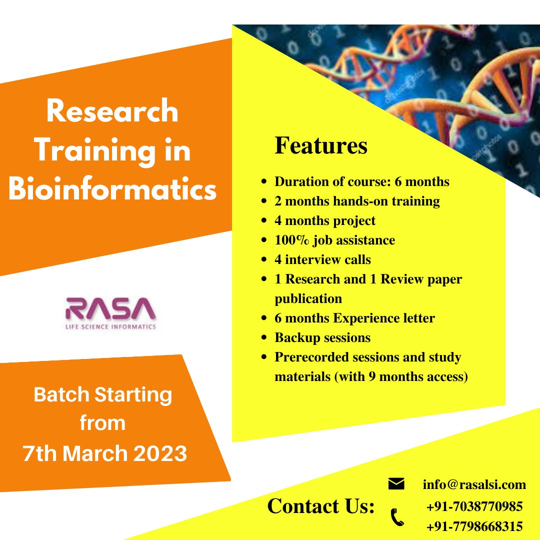 RASAlsi's tweet photo. Research Training in Bioinformatics
#bioinformatics #genomics #joboriented #publication #researchproject #lifescience #rasa #rasalsi
For training related details:
Visit us on: https://t.co/S75MSwKbmI
Email us: info@rasalsi.com
WhatsApp on: +91-7038770985 & +91-7798668315 https://t.co/7sKjieZVDQ
