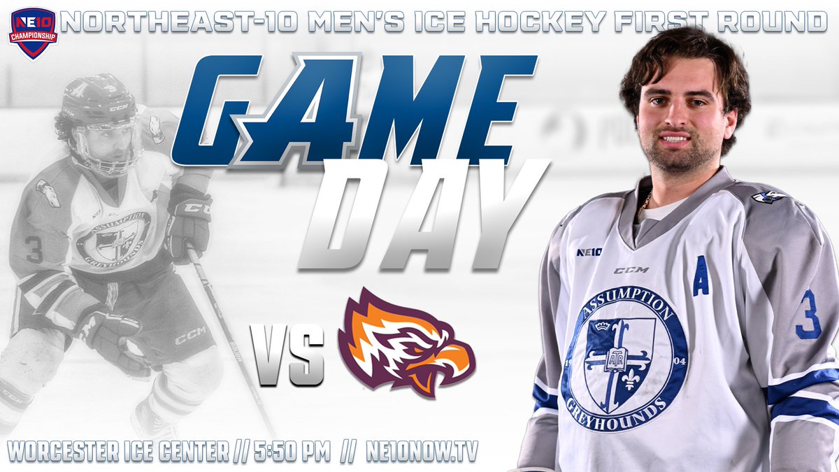 GoAssumptionU's tweet image. Men’s Ice Hockey looks to snap their skid, as they host Post University in the first round of the NE10 Playoffs
🆚 Post
📍: Worcester Ice Center
⏰: 5:50 pm 
📺: ne10now.tv/assumptiongrey…
📈: assumptiongreyhounds.com/sidearmstats/m…

#LetsGoHounds #HoundNation #NE10EMBRACE #d2hockey #d2hky