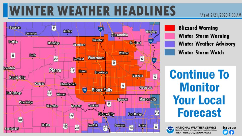 Various winter weather headlines are in effect today through Thursday across the region. 

The Blizzard Warning runs Noon Wednesday - Noon Thursday. Other warnings &amp; advisories have varying timing, so please check your local forecast for details! 

weather.gov